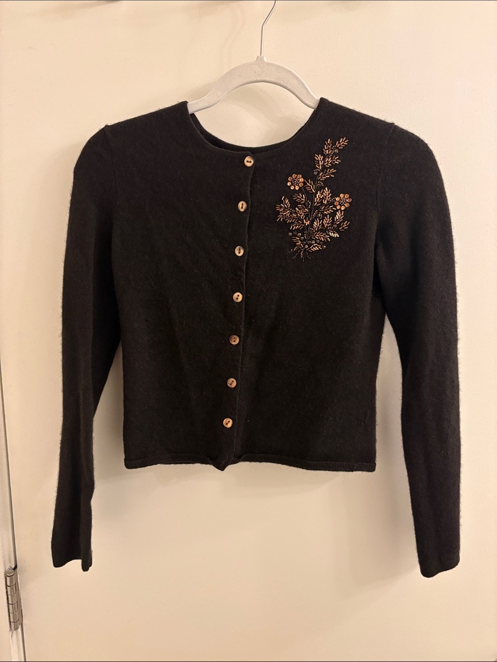Anne Klein Brown Crewneck Cardigan with Gold Floral Embroidery, XS